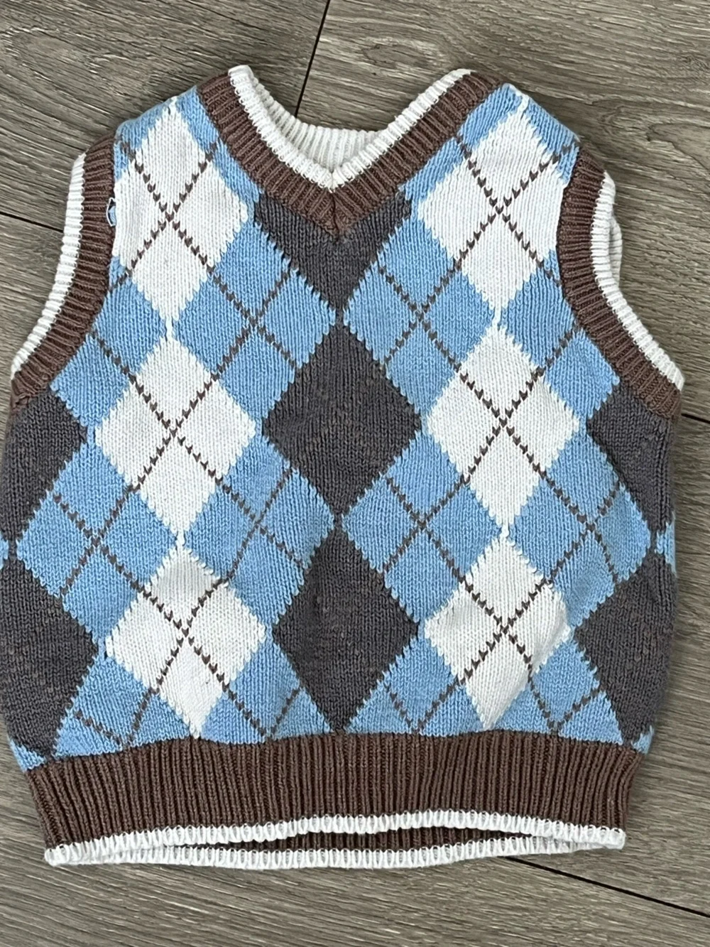 Place Brown Sleeveless Knit Vest with White Trim and Light Blue Accents